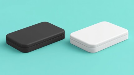 Two rectangular boxes are on a turquoise colored surface