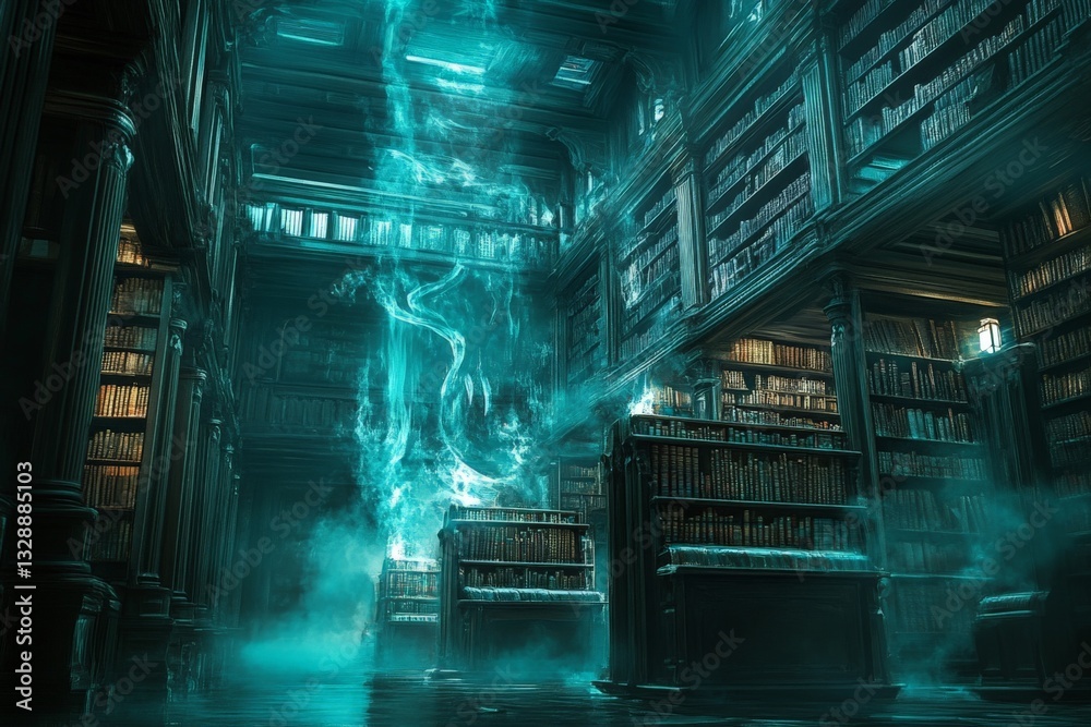 Poster mysterious library filled with ancient books and ethereal light at dusk
