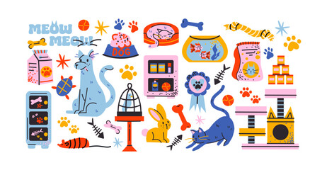 Pet supplies set. Cartoon collection of accessories for cats, dogs. Food bowls, toys, collars, leashes, beds, and cages. Fun vibrant retro doodle style stickers for pet lovers and veterinary shops.