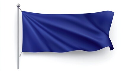 A fluttering blue flag attached to a metal pole on white
