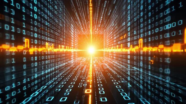 Futuristic Digital Data Stream Glowing Light and Binary Code Representing Technology and Innovation in Vibrant Tunnel of Data Flow