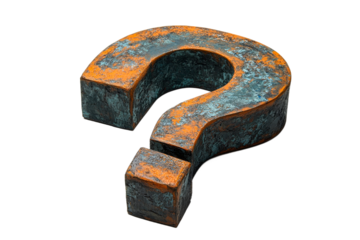 Rusty metallic question mark on transparent background