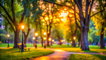 Naklejka premium Natural blur neon light effect background in the modern park.