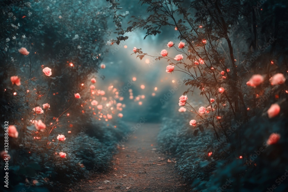 Poster beautiful garden path surrounded by blooming roses and soft glowing lights in a tranquil setting