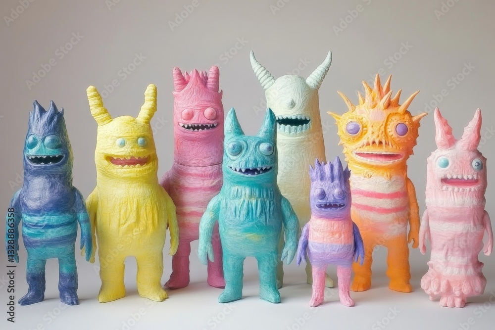 Aufkleber colorful collection of handmade monster figures displayed against a simple background in bright hues