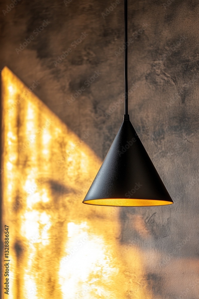 Poster a black lamp hanging from the ceiling in a room, with a simple design and modern look