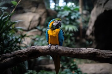 Obraz premium Colorful macaw perched on a branch in a lush tropical environment during daylight hours