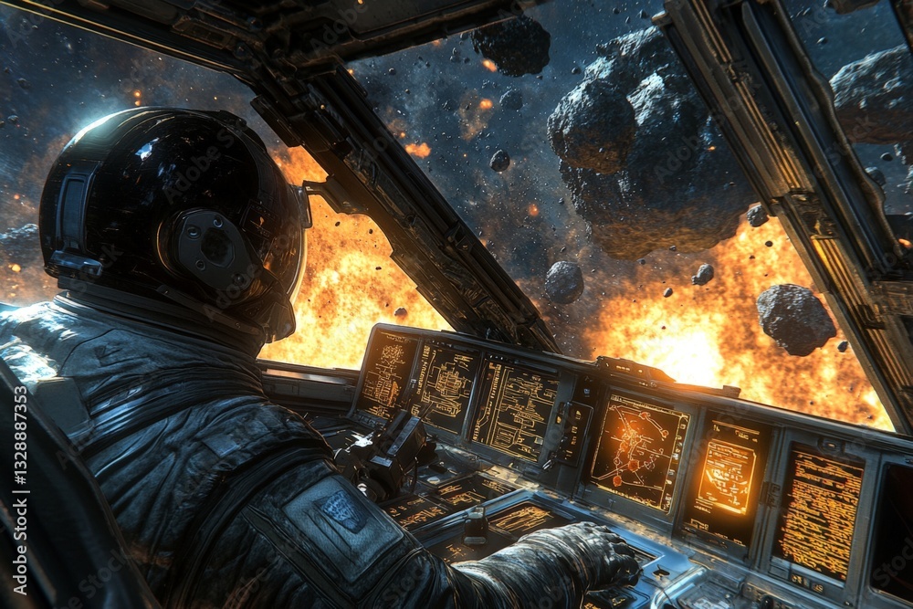 Poster Exploration of deep space near an asteroid field with a pilot navigating through hazardous terrain