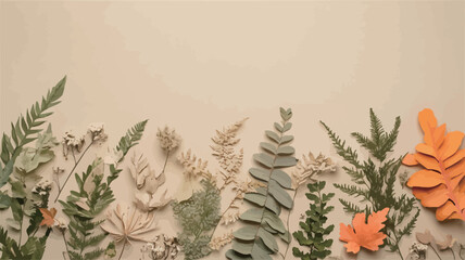 High-angle, close-up view of a flat lay arrangement of various dried plants and flowers on a solid beige background. The arrangement is positioned along the bottom of the frame, leaving significant