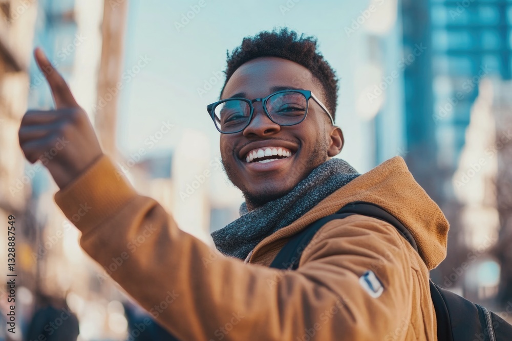 Aufkleber a person wearing glasses points at an object or detail