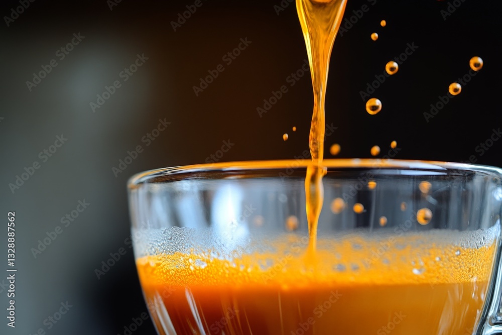 Poster freshly squeezed orange juice flowing into a glass with droplets captured in close-up