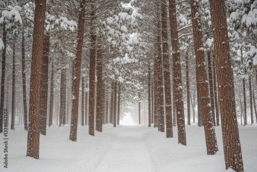 Poster snow-covered path through a serene forest with tall trees during winter season