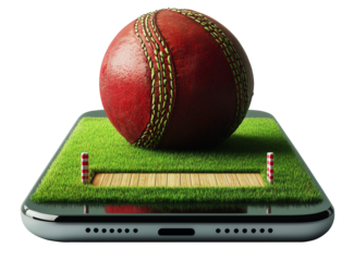Creative cricket concept with a ball on a smartphone displaying a grass pitch, online game