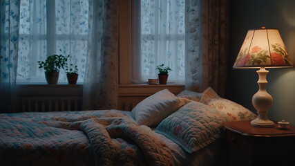Cozy bedroom with floral lamp, soft pillows, colorful vintage floral patchwork quilt. 