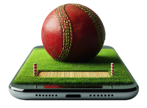 Creative cricket concept with a ball on a smartphone displaying a grass pitch, online game
