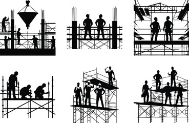 Collection of black Construction silhouette set. Construction silhouette vector illustration. Construction cranes over buildings. City development. Factory construction silhouette. 