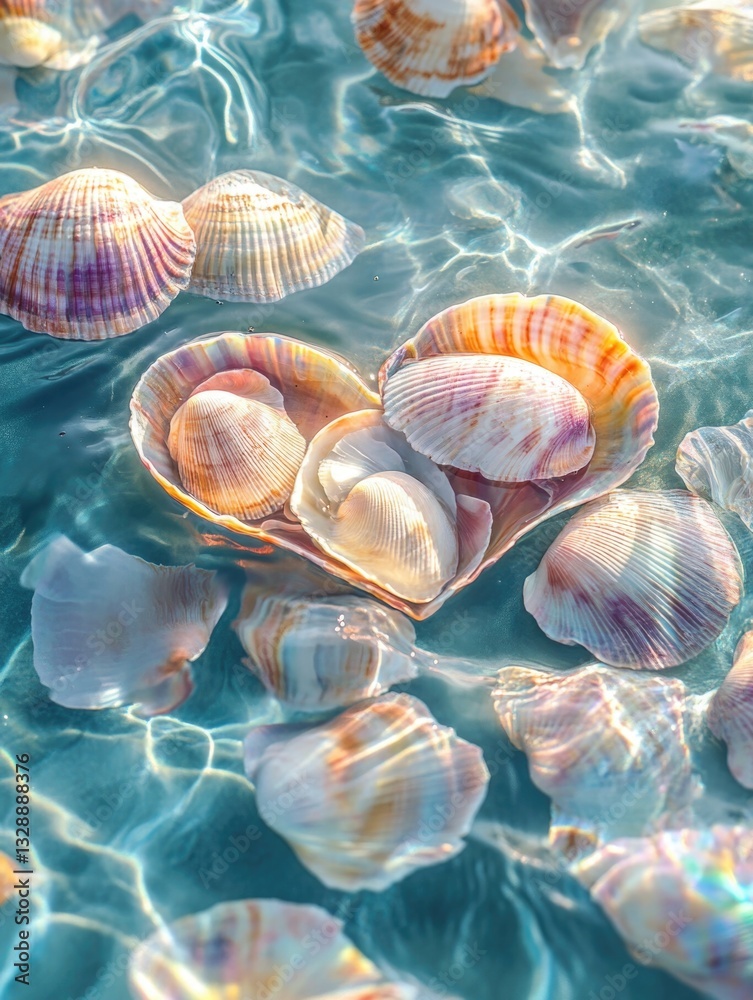 Poster A collection of sea shells floating on the surface of calm water, great for representing serenity and tranquility