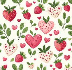 Gordijnen Cute summer juicy strawberries and hearts on a white background. Picturesque background. Valentine's Day © Tatiana 