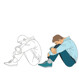 Line drawing and flat style of Depressed businessman sits against a wall and looks down at floor. vector,