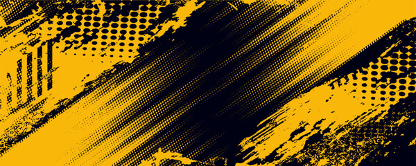 Halftone yellow dots pattern and black gradient grunge texture background. Dotted line comic sport style vector illustration.