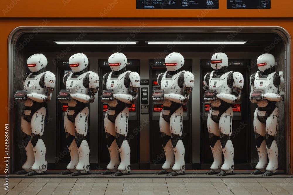 Aufkleber robotic assistants waiting in line at a futuristic subway station in a bustling urban setting