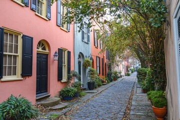 Charming cobblestone alley lined with colorful buildings and vibrant greenery in an historic neighborhood during autumn