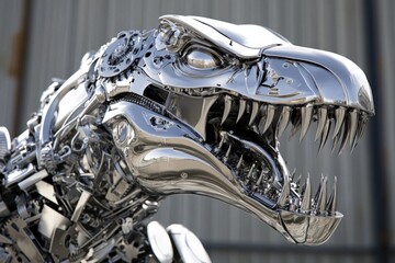 Metallic dinosaur sculpture stands out in modern exhibit showcasing engineering marvels and creativity
