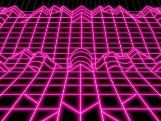 Retro Neon Grid Abstract Background, 3D Mesh Design with Pink Glowing Lines, Futuristic Digital Art for Graphics.