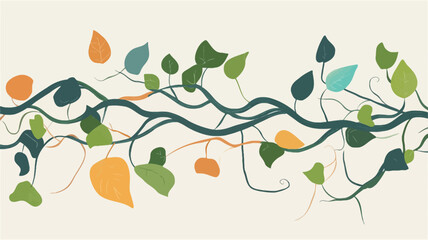 Fototapeta premium A stylized illustration of a vine with leaves in various colors, including greens, yellows, and blues. The leaves are depicted in a simplified, flat style. The vine itself is a dark teal color and