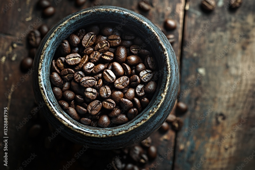 Poster coffee beans in a rustic bowl on a wooden surface surrounded by scattered beans and a warm, inviting