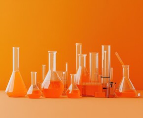 A collection of laboratory glassware filled with bright orange liquids set against an orange background.