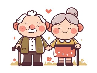 Cute Elderly Couple Holding Hands  Cartoon Illustration