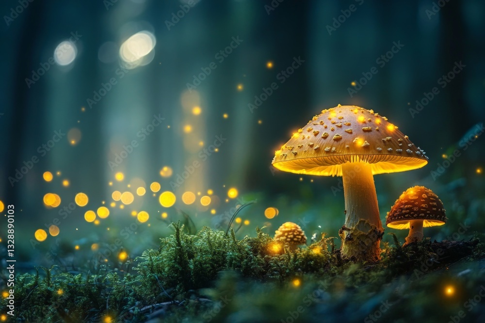 Aufkleber glowing mushrooms illuminate forest floor during twilight in enchanted woodland setting with shimmer