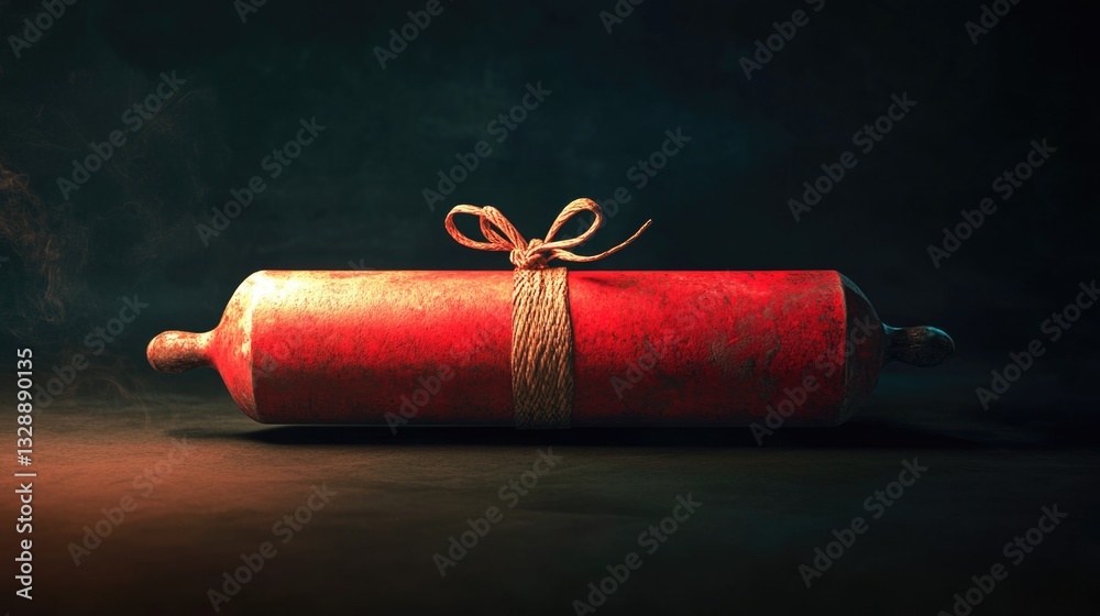 Fototapete A red object wrapped in rope and tied with a bow, ideal for use as a decorative element or to add a pop of color to your design
