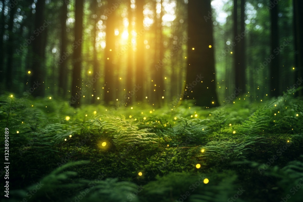 Aufkleber Sunlight filtering through trees creates a magical atmosphere with glowing fireflies in a tranquil forest setting