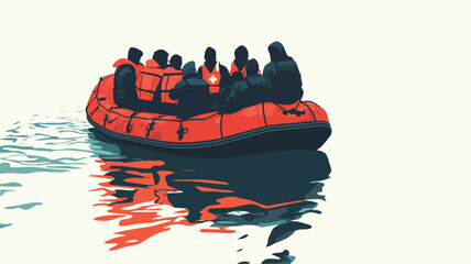 A stylized illustration depicting a red inflatable raft carrying a group of individuals at sea. The raft is centrally positioned, with the figures appearing dark against the bright red of the