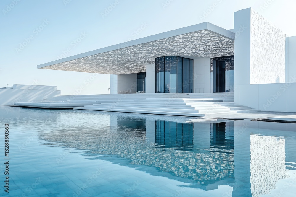 Poster a modern building with a swimming pool in the foreground