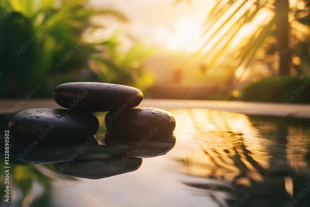 Poster Two rocks resting at the edge of a pool, with calm water and possibly some greenery surrounding them
