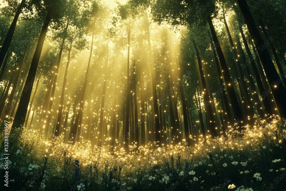 Aufkleber Magical golden light filters through forest trees creating a dreamy atmosphere at dawn