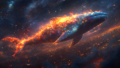 A fiery whale soars through a starlit sky above a city, its body ablaze with cosmic energy
