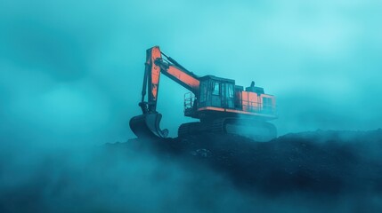 Heavy duty excavator operating on a construction site amidst fog, showcasing machinery power and engineering in a moody atmosphere of early morning light