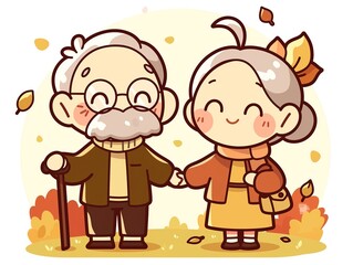 Happy Senior Couple Autumn Walk Cartoon Illustration