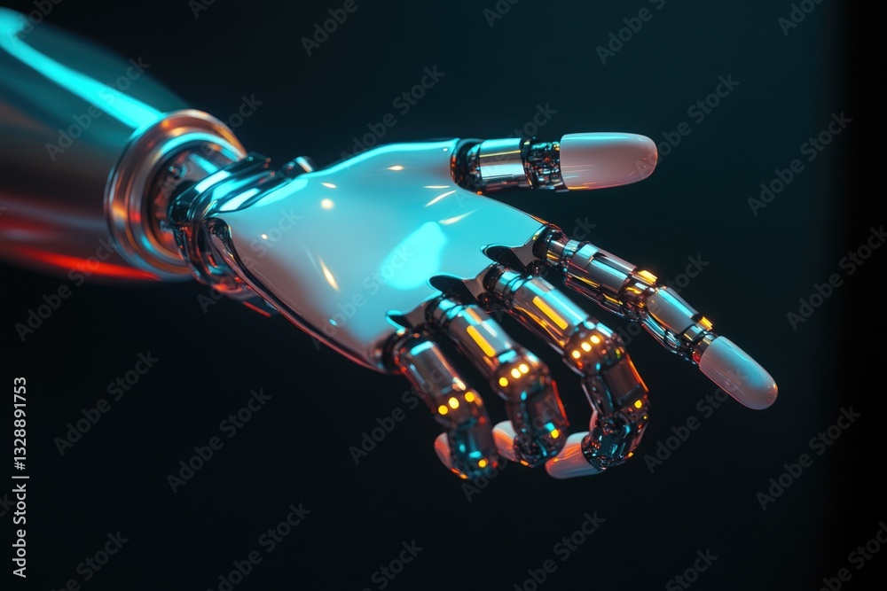 Poster a close-up shot of a robotic hand with glowing fingers, great for sci-fi and technology concepts