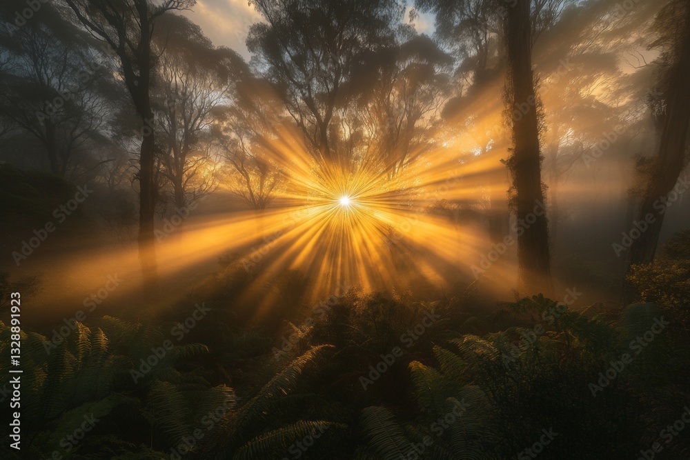 Aufkleber Golden sunlight filters through misty trees in a tranquil forest at dawn, creating an ethereal atmosphere of serenity and beauty