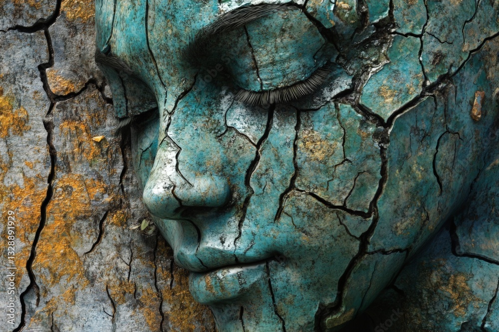 Poster Artistic sculpture of a woman's face merging with tree bark textures in a tranquil forest setting