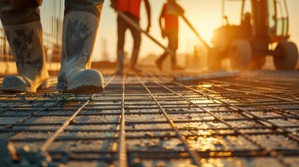 Construction workers pouring concrete at sunset.
