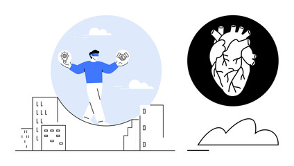 Person standing on abstract path balancing ideas and teamwork symbols with city elements. Anatomical heart in contrast highlights life and emotion. Ideal for balance, creativity, collaboration, urban