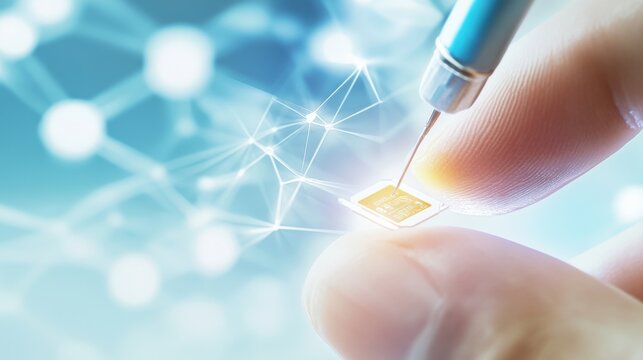 A hand placing a smart implantable microchip under human skin, visible subdermal chip and insertion tool, clean medical lab background