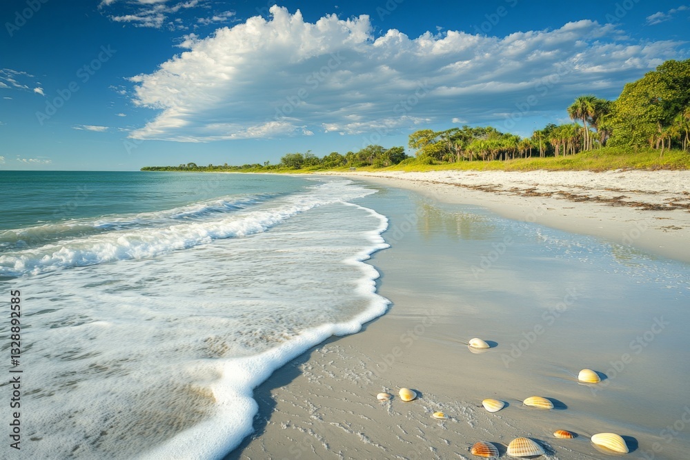 Poster waves gently lap at a serene beach with seashells scattered on the shore in a sunny coastal setting