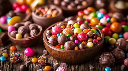 Colorful candies and chocolates in wooden bowls on a rustic wooden table.